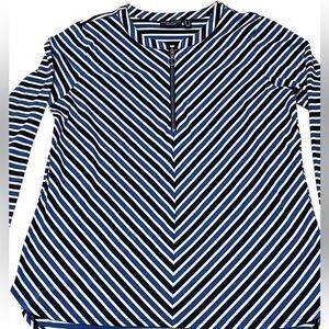 Susan Graver Blue Striped Long Sleeve Henley Zip Cotton Modal High Low Top Large